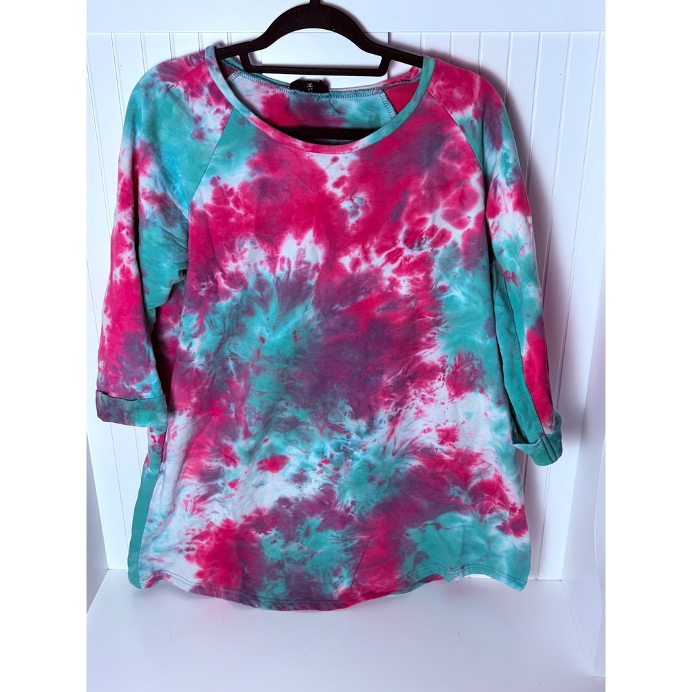 Heyson Pink Green Tie Dye Shirt Dress 100% Cotton Womens Medium